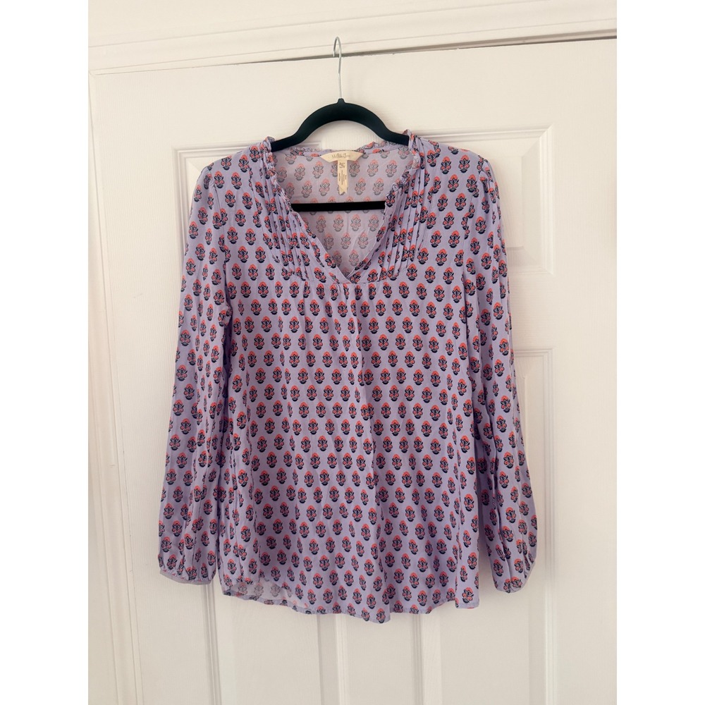 Matilda Jane Womens Lavender Floral Print Ruffle V-Neck Pleated Rayon Blouse M